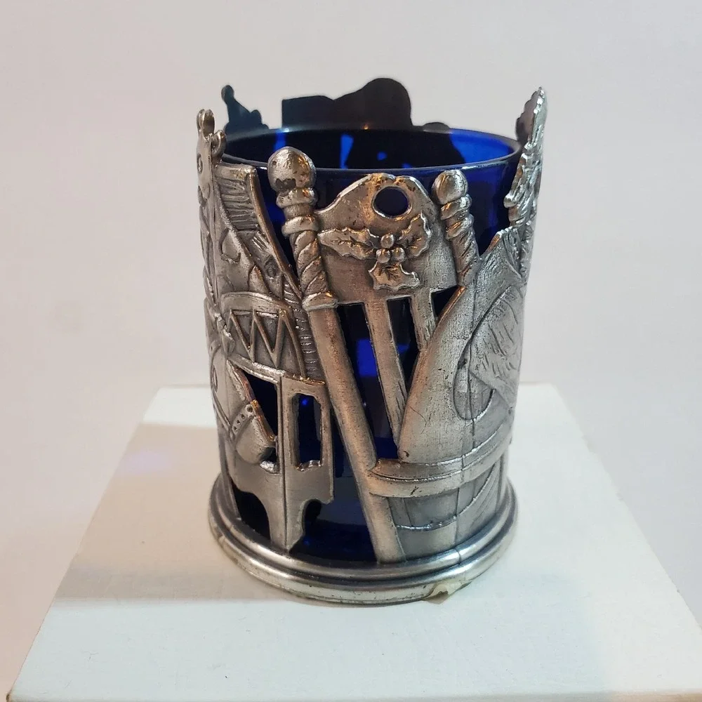 ROC Pewter Santa Christmas Votive Candle Holder w/Cobalt Glass Liner 3